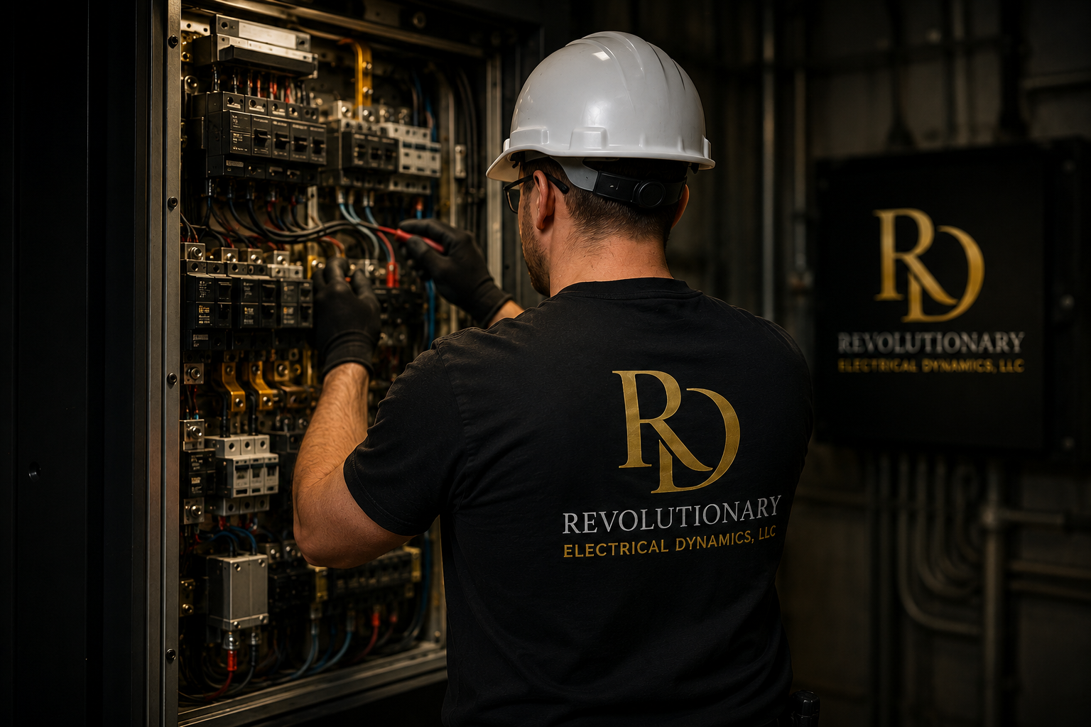 Electrician working in electrical panel with Revolutionary Electrical Dynamics shirt